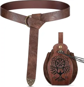 2 Pcs Medieval Viking Belt Leather Pouch Bag Embossed Renaissance Costume Accessories for Men Women