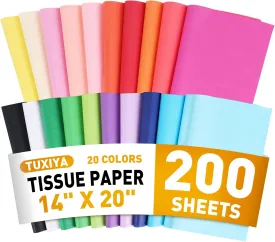200 Sheets Tissue Paper, 20 Colors 14" X 20" Tissue Papers for Gift Bags Birthday Party Flower Decoration, Colored Tissue Paper Bulk for Packaging