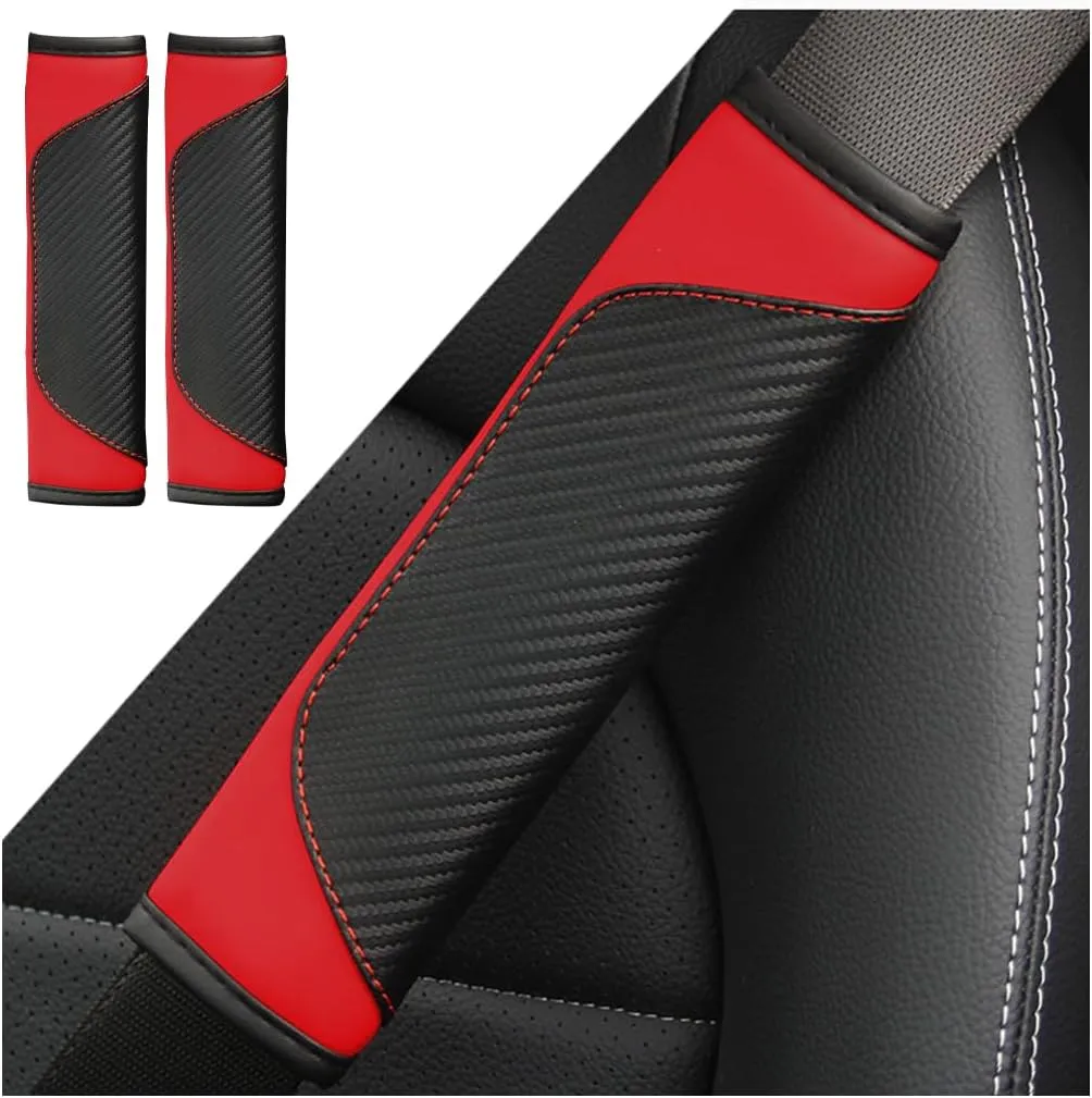 2PCS Car Seatbelt Pads, Auto Shoulder Belt Seatbelt Shoulder Strap Covers, Carbon Fibre Leather Vehicle Interior Seat Belt Comfort Guard Accessories, Universal for RV, SUV, Truck (Black/Red)