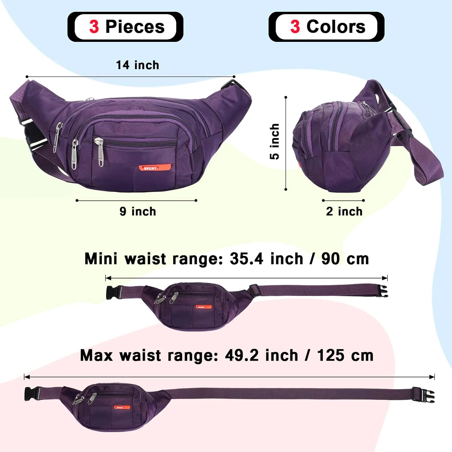 3 Pcs Fanny Packs Crossbody Waist Bags for Women Men Crossbody Waterproof Fanny Pack Belt Bag for Travel Walking Running Hiking Cycling Outdoor Easy Carry Any Phone, Wallet (Black, Purple, Navy Blue)