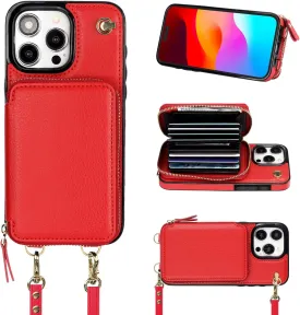 Bocasal Crossbody Wallet Case for iPhone 15 Pro Max, RFID Blocking Leather Purse Case with Card Holder, Protective Handbag Flip Cover with Zipper Wrist Strap Lanyard for Women 5G 6.7 Inch (Red)