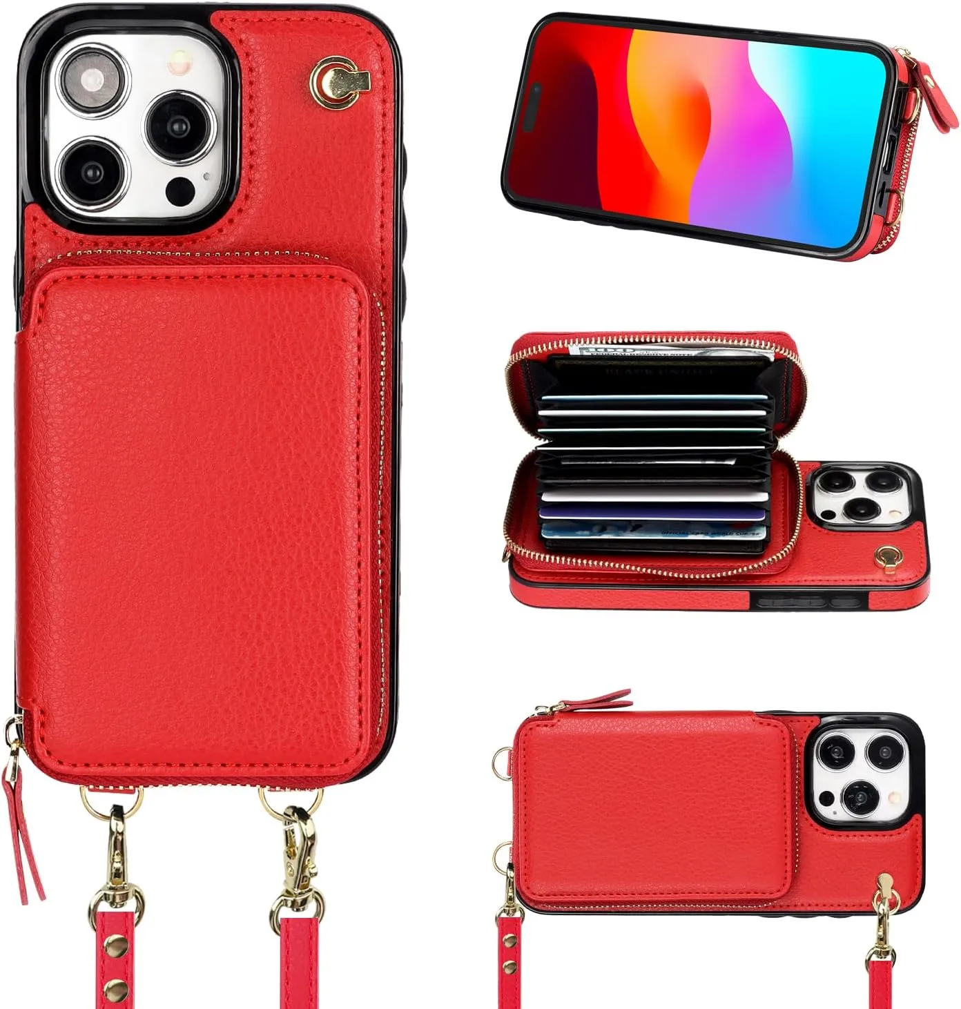 Bocasal Crossbody Wallet Case for iPhone 15 Pro Max, RFID Blocking Leather Purse Case with Card Holder, Protective Handbag Flip Cover with Zipper Wrist Strap Lanyard for Women 5G 6.7 Inch (Red)