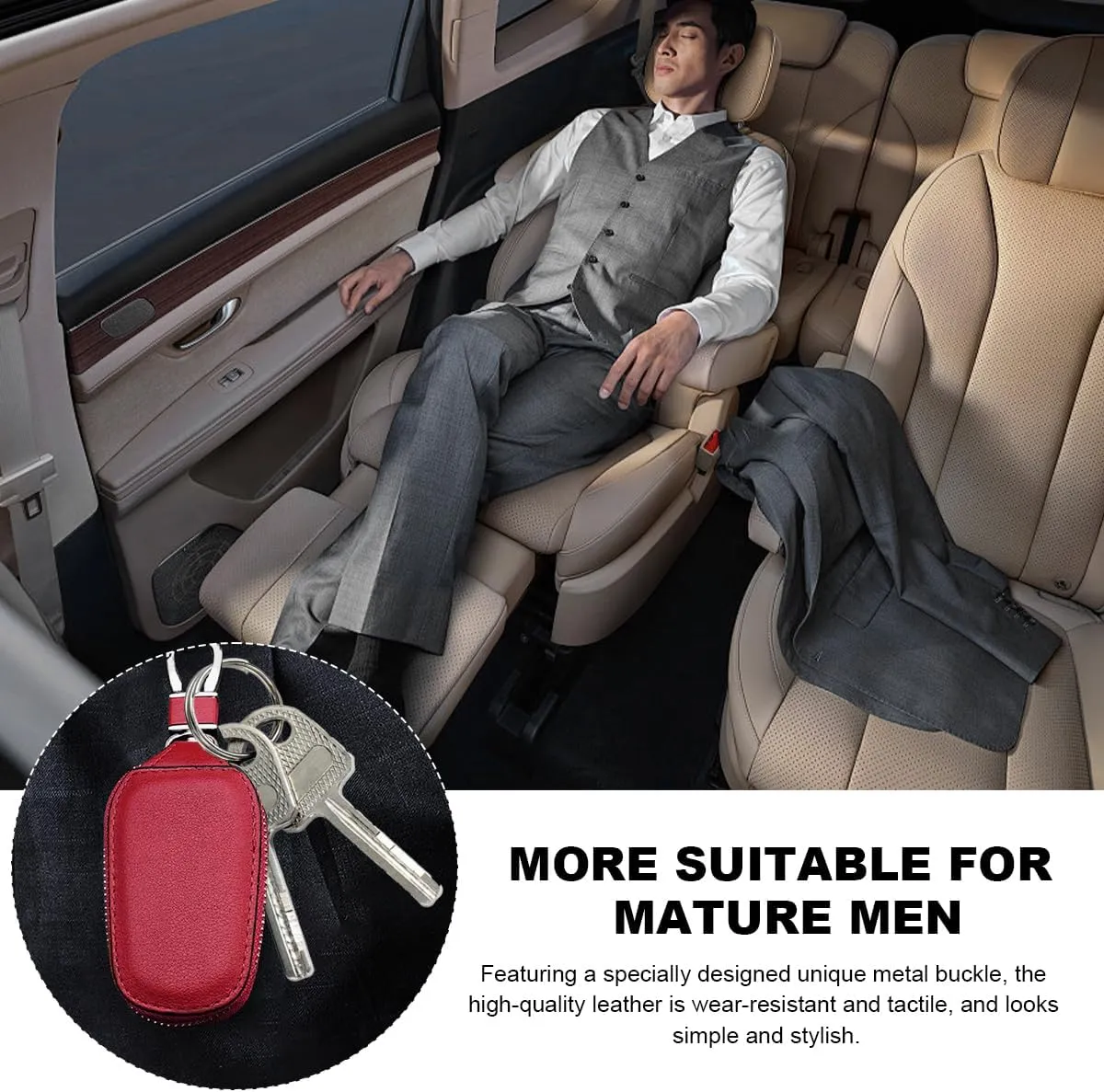Car Key Case, Genuine Leather Auto Smart Key Fob Holder with Metal Hook, Anti Scratch Automotive Key Protector Key Chain Zipper Bag for Remote Key Fob, Car Accessories (Red)