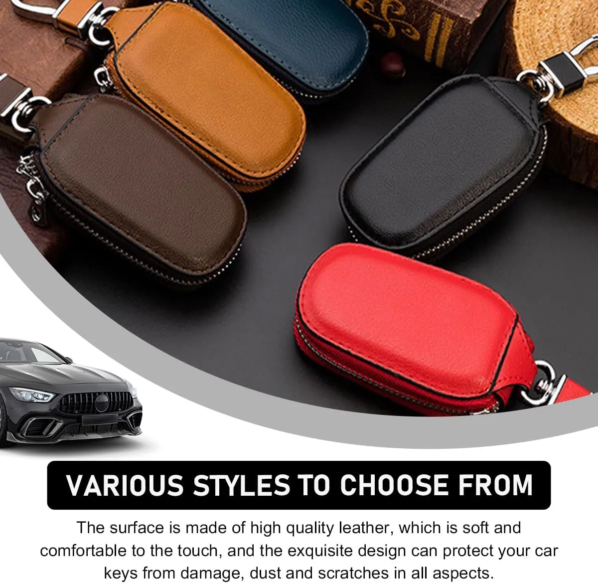 Car Key Case, Genuine Leather Auto Smart Key Fob Holder with Metal Hook, Anti Scratch Automotive Key Protector Key Chain Zipper Bag for Remote Key Fob, Car Accessories (Red)