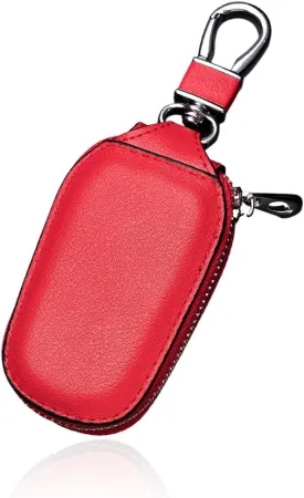 Car Key Case, Genuine Leather Auto Smart Key Fob Holder with Metal Hook, Anti Scratch Automotive Key Protector Key Chain Zipper Bag for Remote Key Fob, Car Accessories (Red)