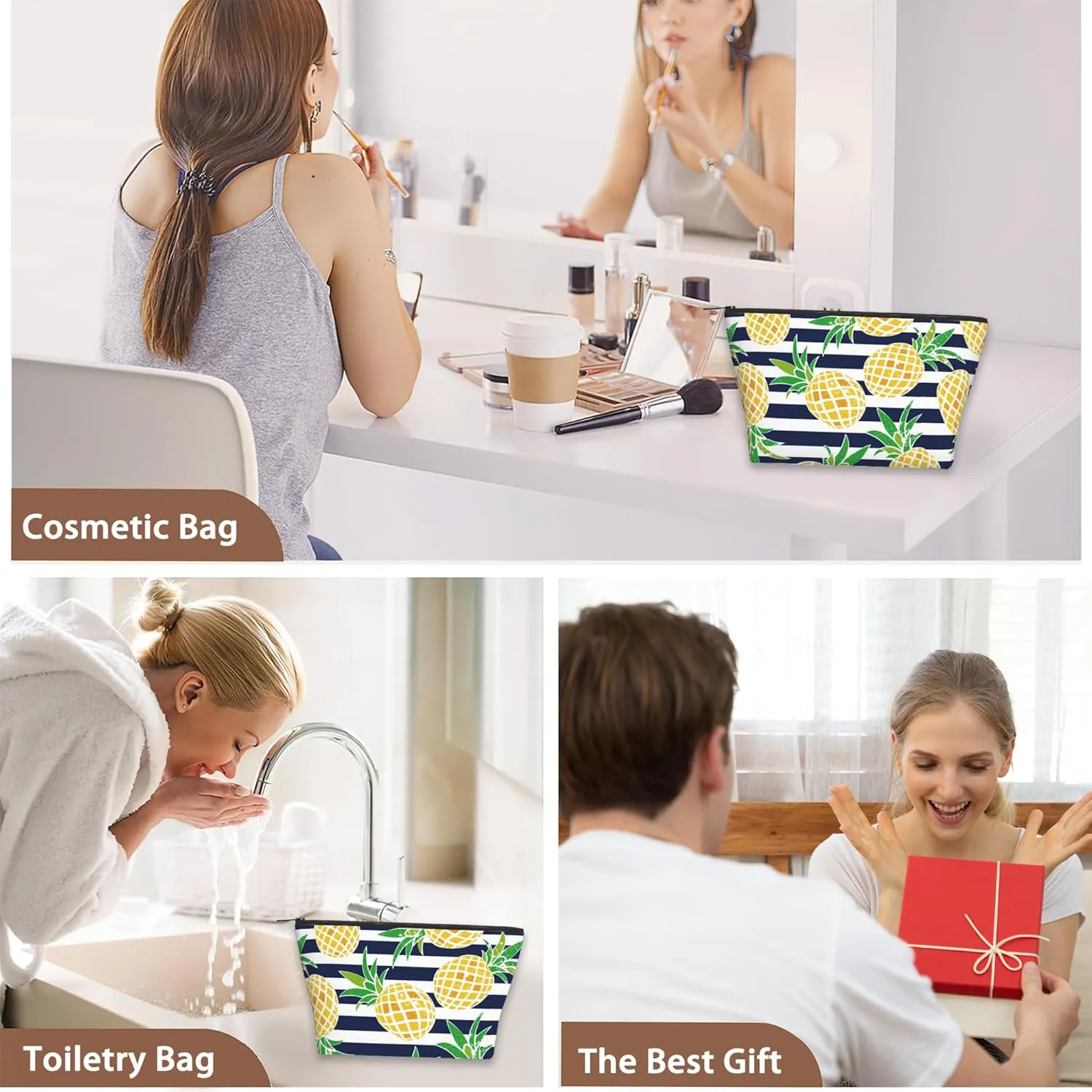 Cartoon Pineapple Cosmetic Bag Blue White Stripes Makeup Bags,Travel Make up Bags for Women Girls Cute Zipper Pouch Toiletry Organizer Bag Travel Essentials