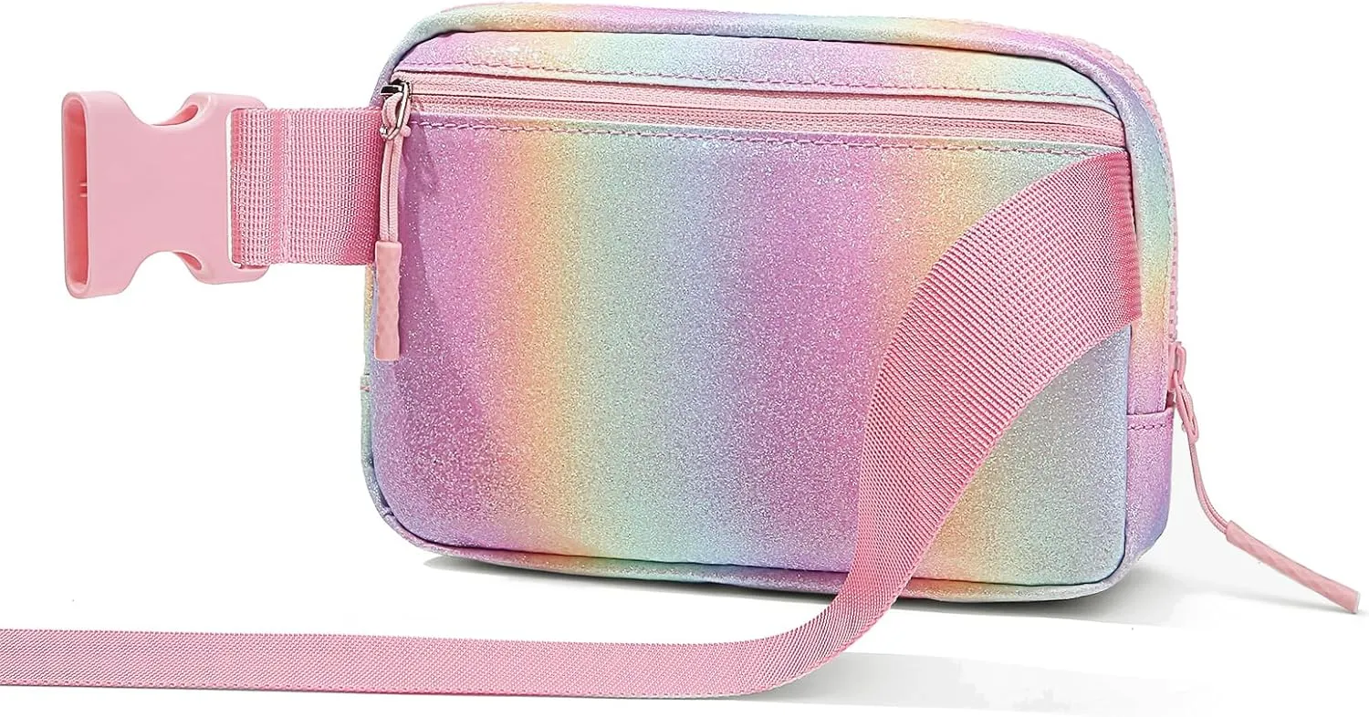 Cute Fanny Pack for Girls, Kids Belt Bag Teen Girls Crossbody Waist Bag Gift (Pink Rainbow)