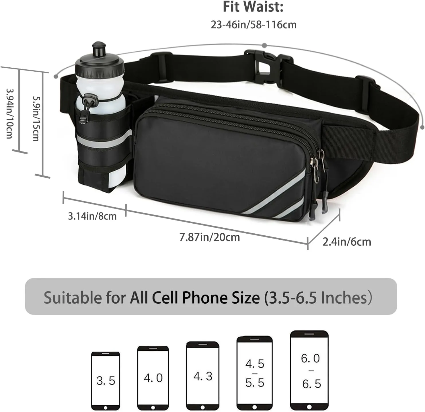 Fanny Pack with Water Bottle Holder for Men Women  Large Hiking Fanny Pack with Adjustable Strap Belt for Cycling Hiking Dog Walking Outdoor, Water Resistant Pack Gray(Bottle Not Included)