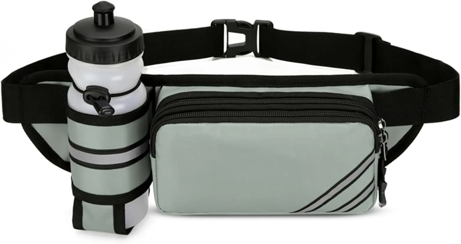 Fanny Pack with Water Bottle Holder for Men Women  Large Hiking Fanny Pack with Adjustable Strap Belt for Cycling Hiking Dog Walking Outdoor, Water Resistant Pack Gray(Bottle Not Included)
