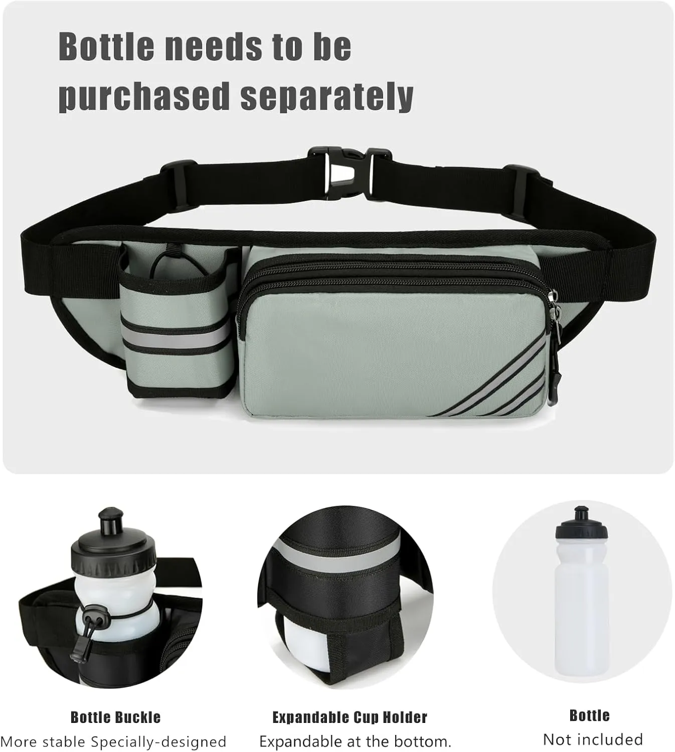 Fanny Pack with Water Bottle Holder for Men Women  Large Hiking Fanny Pack with Adjustable Strap Belt for Cycling Hiking Dog Walking Outdoor, Water Resistant Pack Gray(Bottle Not Included)