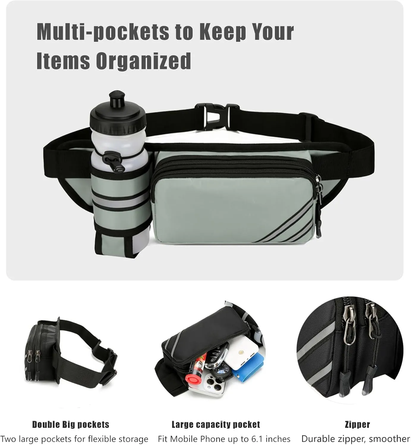 Fanny Pack with Water Bottle Holder for Men Women  Large Hiking Fanny Pack with Adjustable Strap Belt for Cycling Hiking Dog Walking Outdoor, Water Resistant Pack Gray(Bottle Not Included)