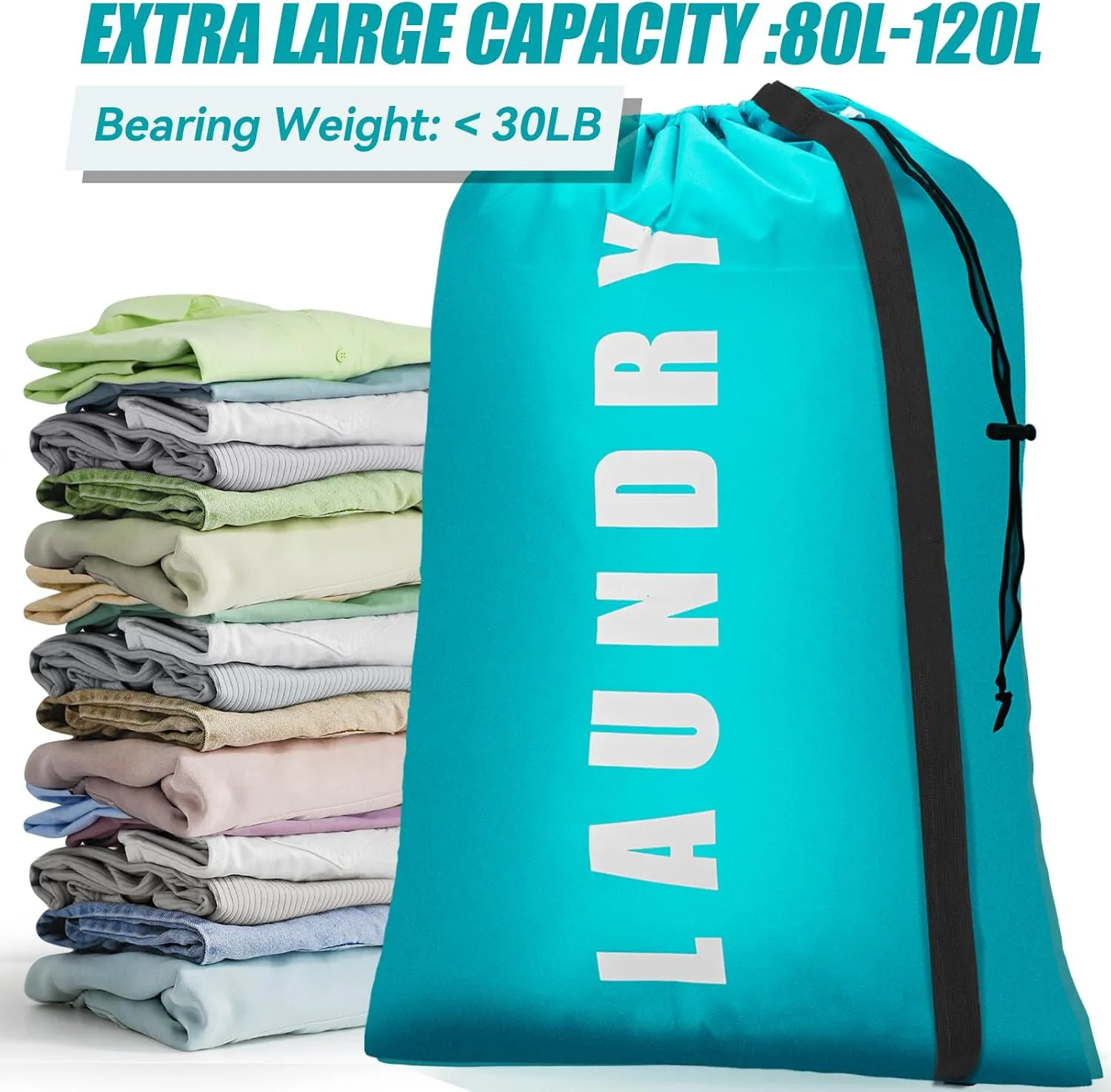 Heavy Duty Laundry Bag with Strap,2 Pack Travel Laundry Bags for Dirty Clothes,24" x 36" Large Laundry Bag for Traveling,Camping,Dorm (Cyan   Gray)