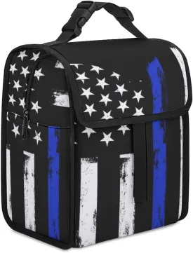 Insulated Lunch for Men Women, Lightweight Compact Lunch Holder for College Work Picnic American Thin Blue Line Flag Police Love Hear Meal Tote Bag