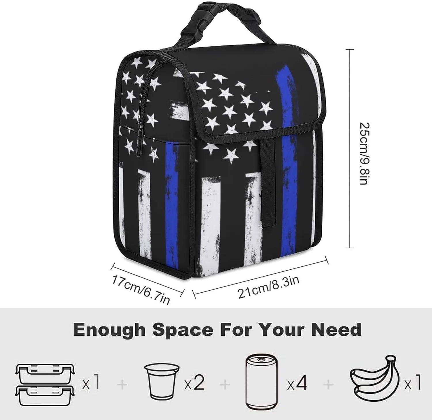 Insulated Lunch for Men Women, Lightweight Compact Lunch Holder for College Work Picnic American Thin Blue Line Flag Police Love Hear Meal Tote Bag