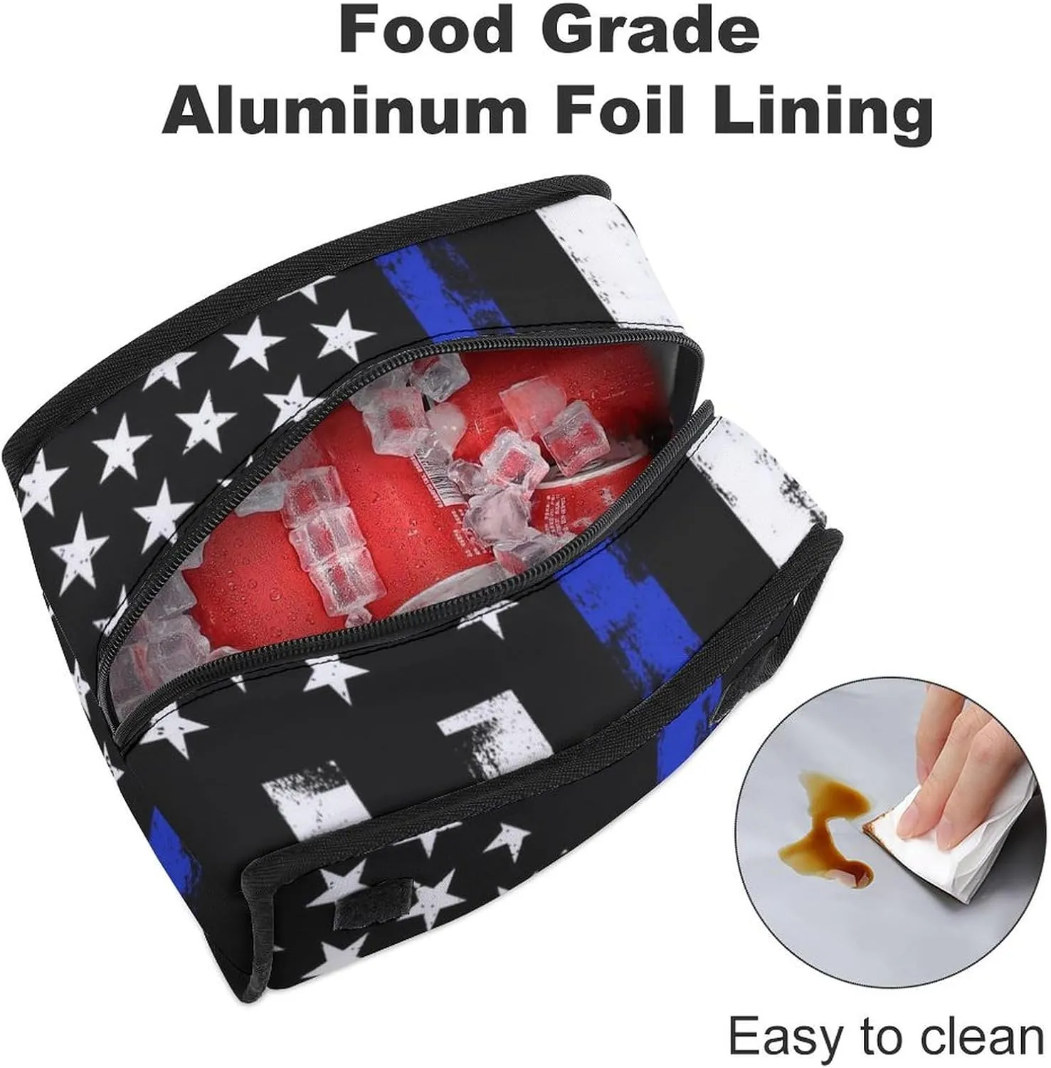 Insulated Lunch for Men Women, Lightweight Compact Lunch Holder for College Work Picnic American Thin Blue Line Flag Police Love Hear Meal Tote Bag