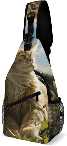 Lightweight Chest Bag Crossbody Bag Cat Sitting in Green Field Sling Backpack for Women Men Sports Travel