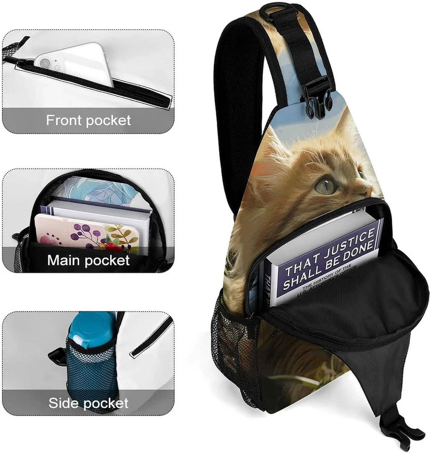 Lightweight Chest Bag Crossbody Bag Cat Sitting in Green Field Sling Backpack for Women Men Sports Travel
