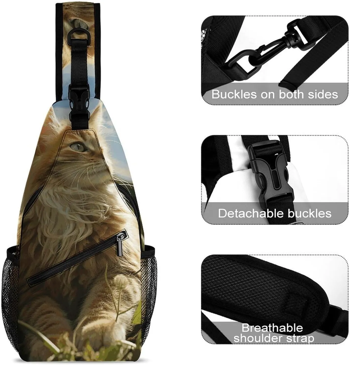 Lightweight Chest Bag Crossbody Bag Cat Sitting in Green Field Sling Backpack for Women Men Sports Travel