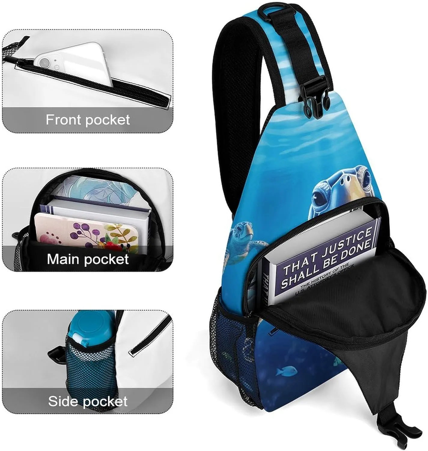 Lightweight Chest Bag Crossbody Bag Turtle in Blue Water Sling Backpack for Women Men Sports Travel