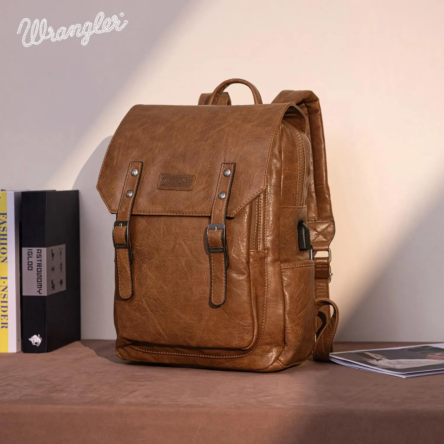 Montana West  Wrangler Brown Leather Laptop Backpack Purse Women and Men Unisex Fashion Backpack