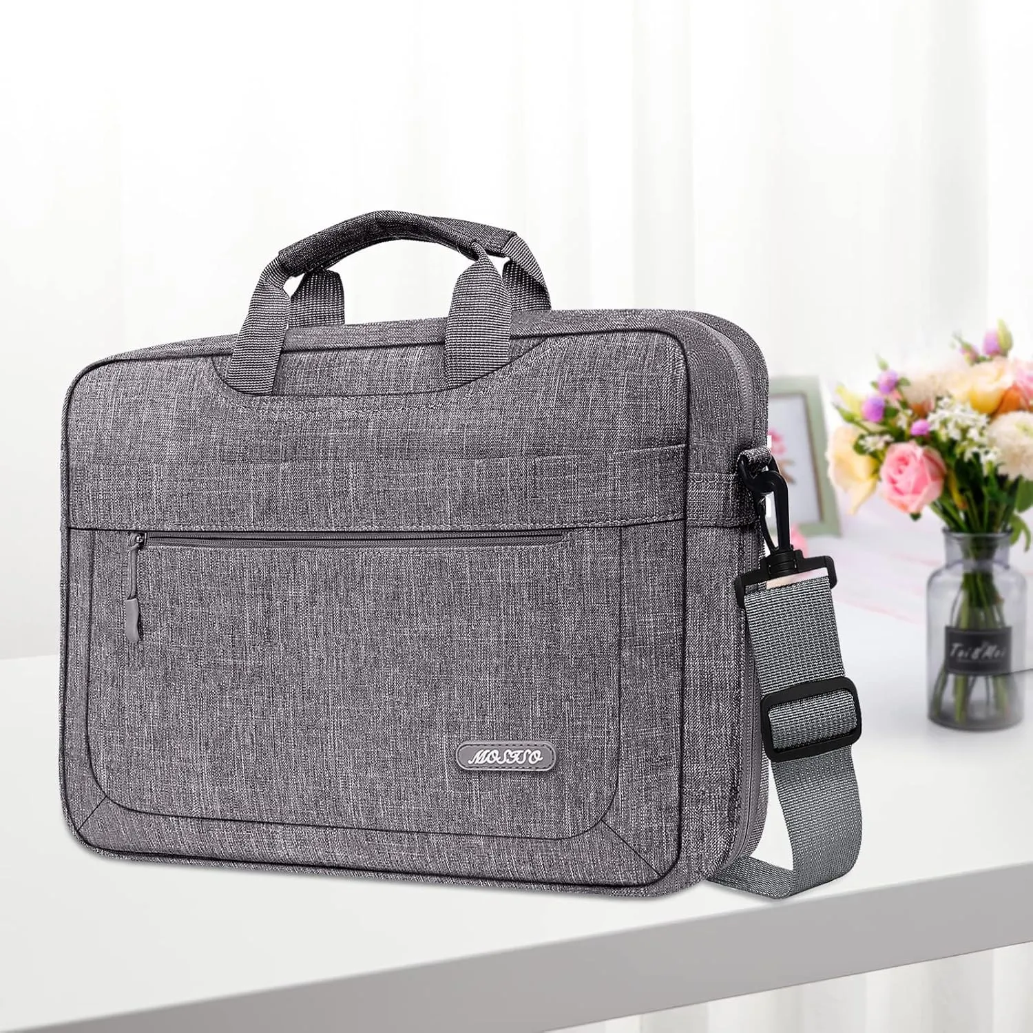 MOSISO Laptop Shoulder Messenger Bag Compatible with MacBook Air 15 inch M2 A2941/Pro 16 inch M3 A2991 M2 A2780 M1 A2485 A2141,15-15.6 inch Notebook with Adjustable Depth at Bottom, Gray