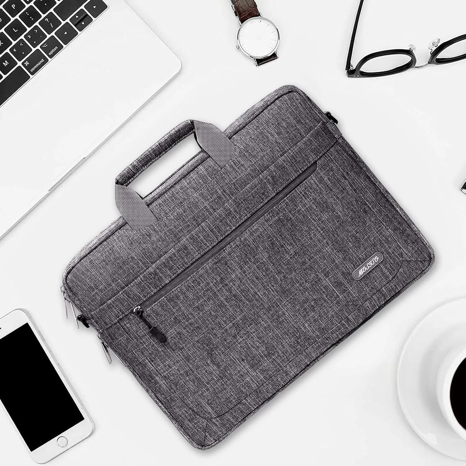 MOSISO Laptop Shoulder Messenger Bag Compatible with MacBook Air 15 inch M2 A2941/Pro 16 inch M3 A2991 M2 A2780 M1 A2485 A2141,15-15.6 inch Notebook with Adjustable Depth at Bottom, Gray