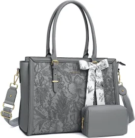 MOSISO Laptop Tote Bag for Women, 15.6-16 inch PU Leather, Compatible with MacBook, HP, Dell, Asus Notebook, Front Embossed Retro Hibiscus Computer Bag with Silk Scarf & Clutch Purse, Gray