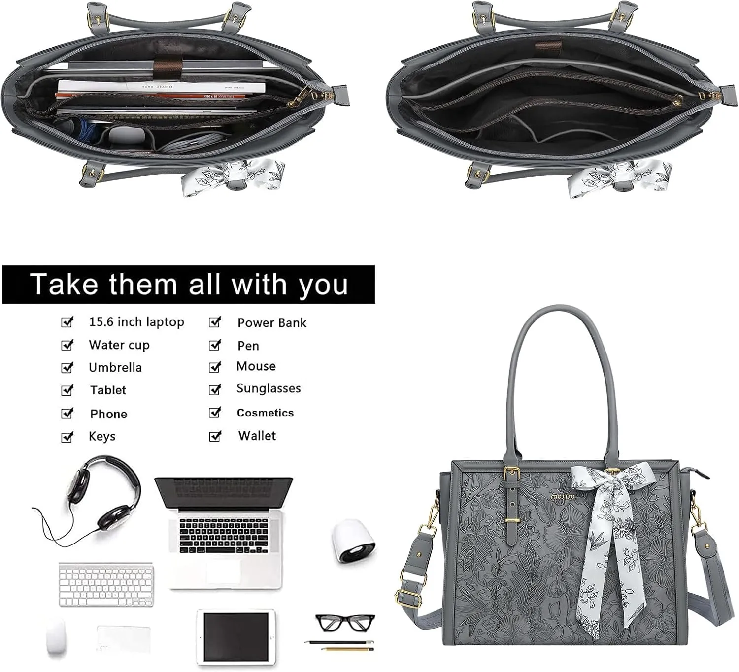 MOSISO Laptop Tote Bag for Women, 15.6-16 inch PU Leather, Compatible with MacBook, HP, Dell, Asus Notebook, Front Embossed Retro Hibiscus Computer Bag with Silk Scarf & Clutch Purse, Gray