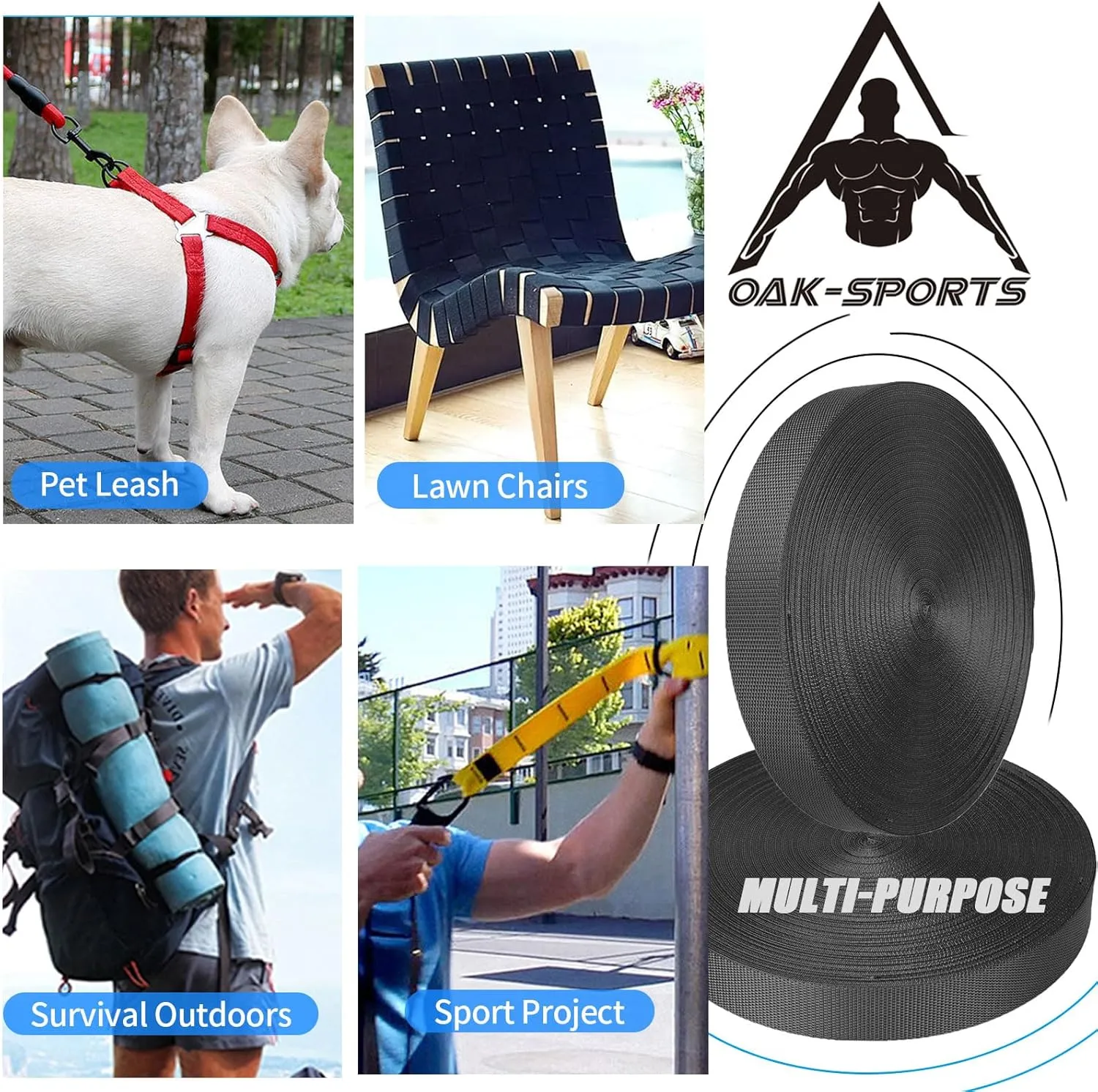 Oak-Sports Webbing 1 Inch 1.5 Inch 2 Inch Wide - Heavy Duty Poly Strapping 1" & 1.5" & 2" Webbing for Indoor or Outdoor DIY Gear Repair