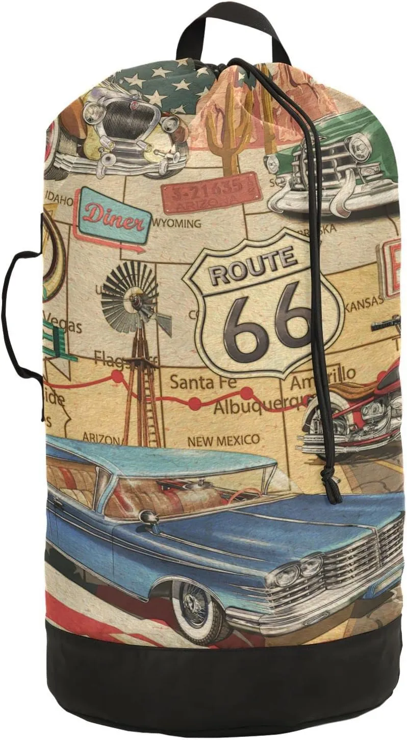 Oyihfvs Vintage Route 66 Poster Car Motorcycle on American Flag Backpack Laundry Bag, Laundry Backpack with Shoulder Straps, Waterproof Nylon Clothes Hamper Bag for Men Women Yoga Backpack
