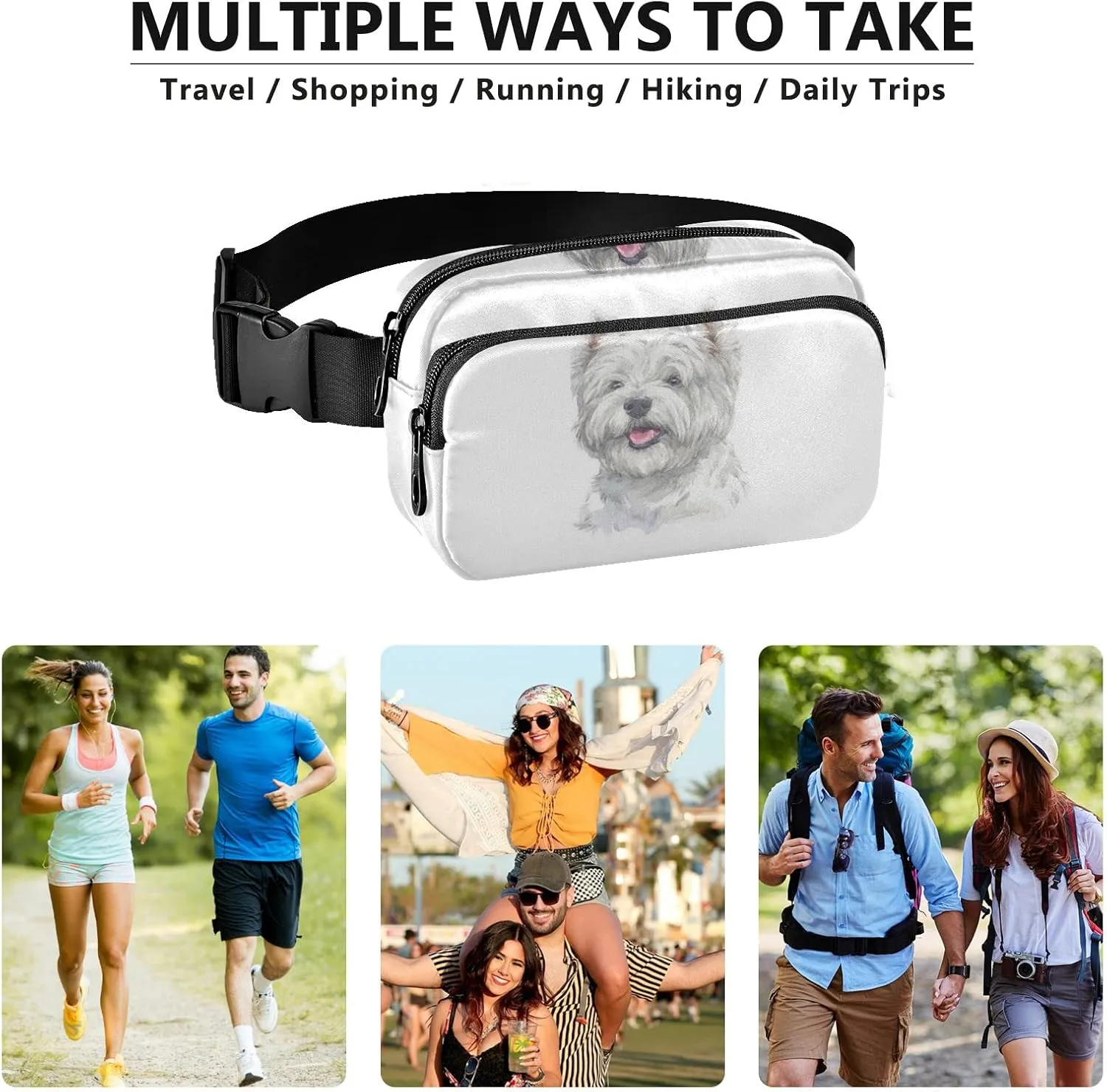 Oyihfvs West Highland White Terrier Breed Dog Painting on White Adjustable Fanny Waist Pack Pouch, Waterproof Runners Sports Waist Pack Wallet for Sports Hiking Fitness Cycling Gym Women Men