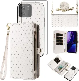 Phone Case for Motorola Moto Edge 40 Zipper Wallet Detachable Cell Cover with Tempered Glass Screen Protector Crossbody Lanyard Strap Bling Glitter Flip Card Holder Slot edge40 Women Men Girls White