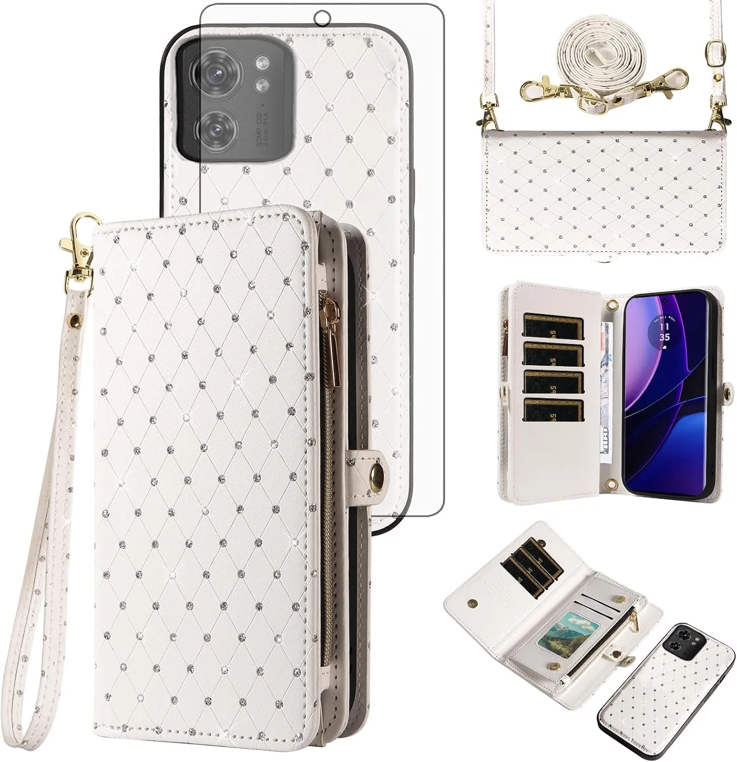 Phone Case for Motorola Moto Edge 40 Zipper Wallet Detachable Cell Cover with Tempered Glass Screen Protector Crossbody Lanyard Strap Bling Glitter Flip Card Holder Slot edge40 Women Men Girls White