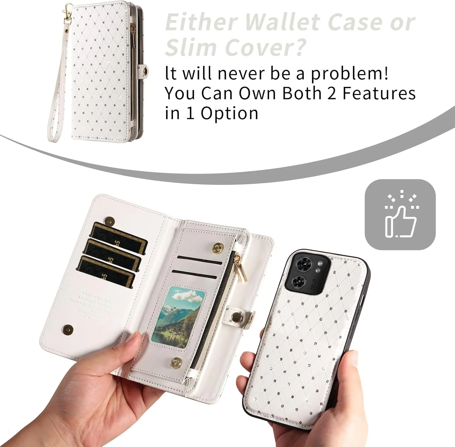 Phone Case for Motorola Moto Edge 40 Zipper Wallet Detachable Cell Cover with Tempered Glass Screen Protector Crossbody Lanyard Strap Bling Glitter Flip Card Holder Slot edge40 Women Men Girls White