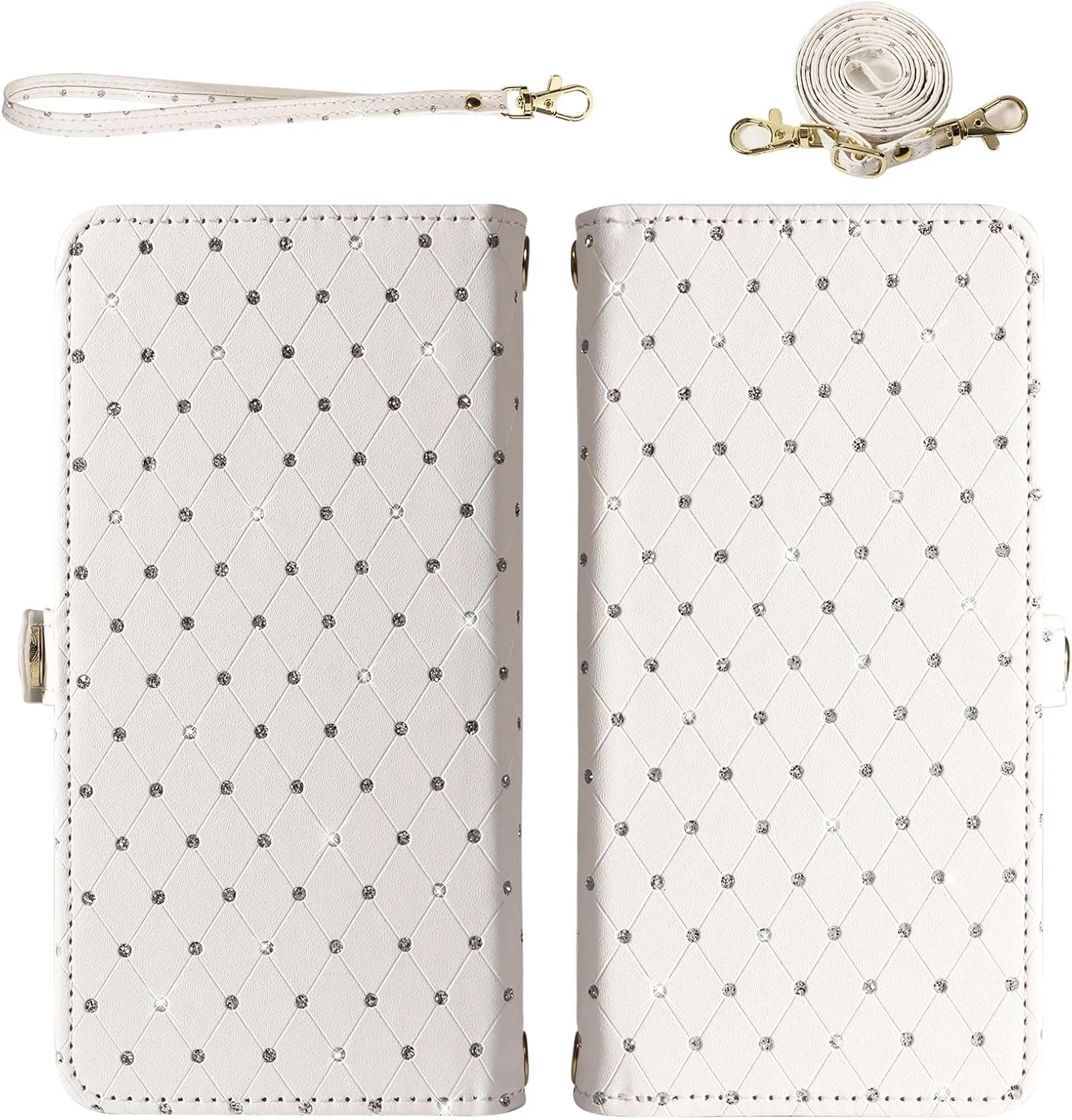 Phone Case for Motorola Moto Edge 40 Zipper Wallet Detachable Cell Cover with Tempered Glass Screen Protector Crossbody Lanyard Strap Bling Glitter Flip Card Holder Slot edge40 Women Men Girls White