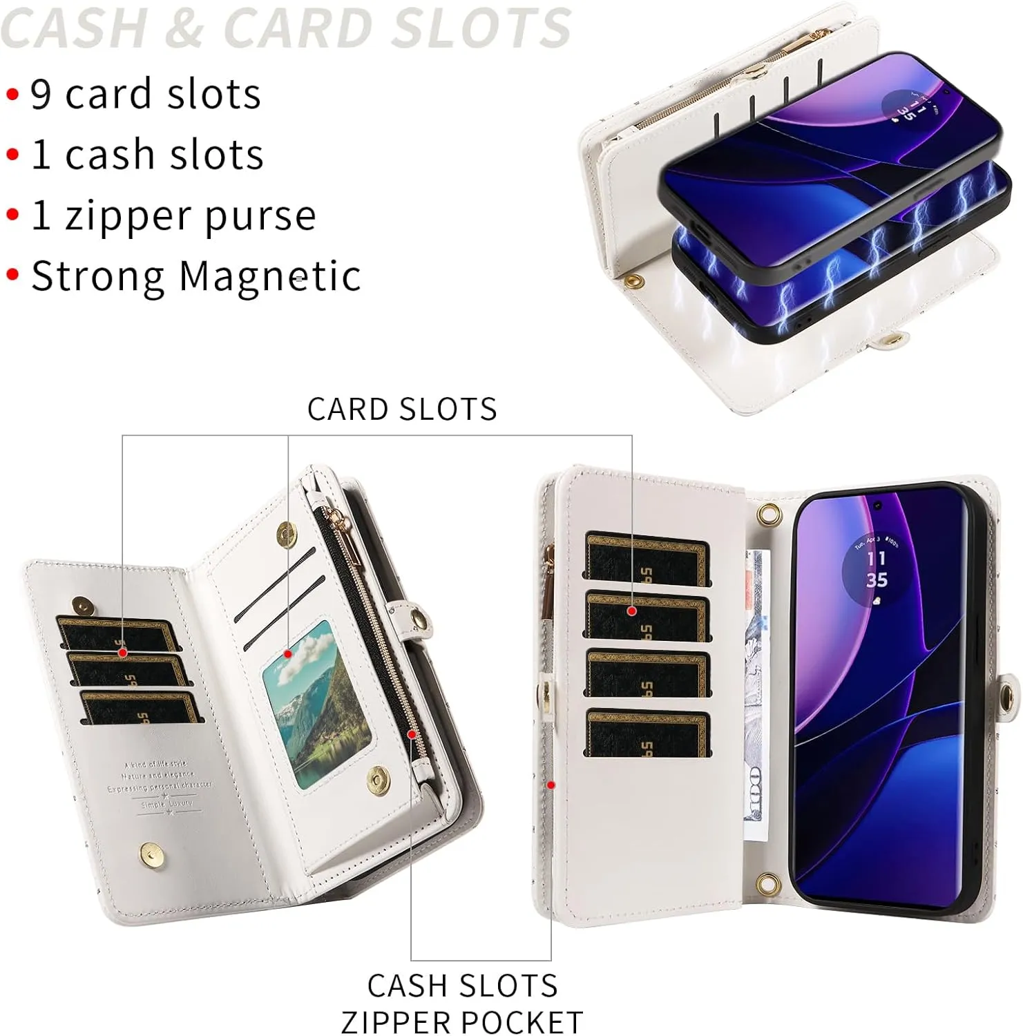 Phone Case for Motorola Moto Edge 40 Zipper Wallet Detachable Cell Cover with Tempered Glass Screen Protector Crossbody Lanyard Strap Bling Glitter Flip Card Holder Slot edge40 Women Men Girls White