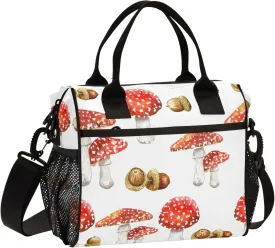 Pigsaly Lunch Bag Watercolor Red Mushrooms Large Lunch Box For Women Men Vintage Hazelnut Insulated Lunch Tote Bags M