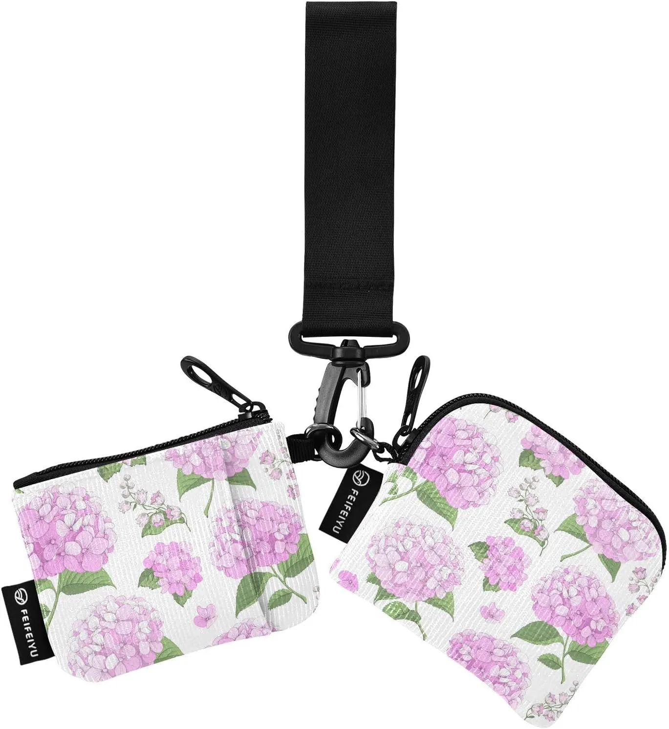 Pink Hydrangea Background Wristlet Wallet for Women, Detachable Dual Pouch Wristlet, Mini Zip Around Wallet Portable Coin Purses