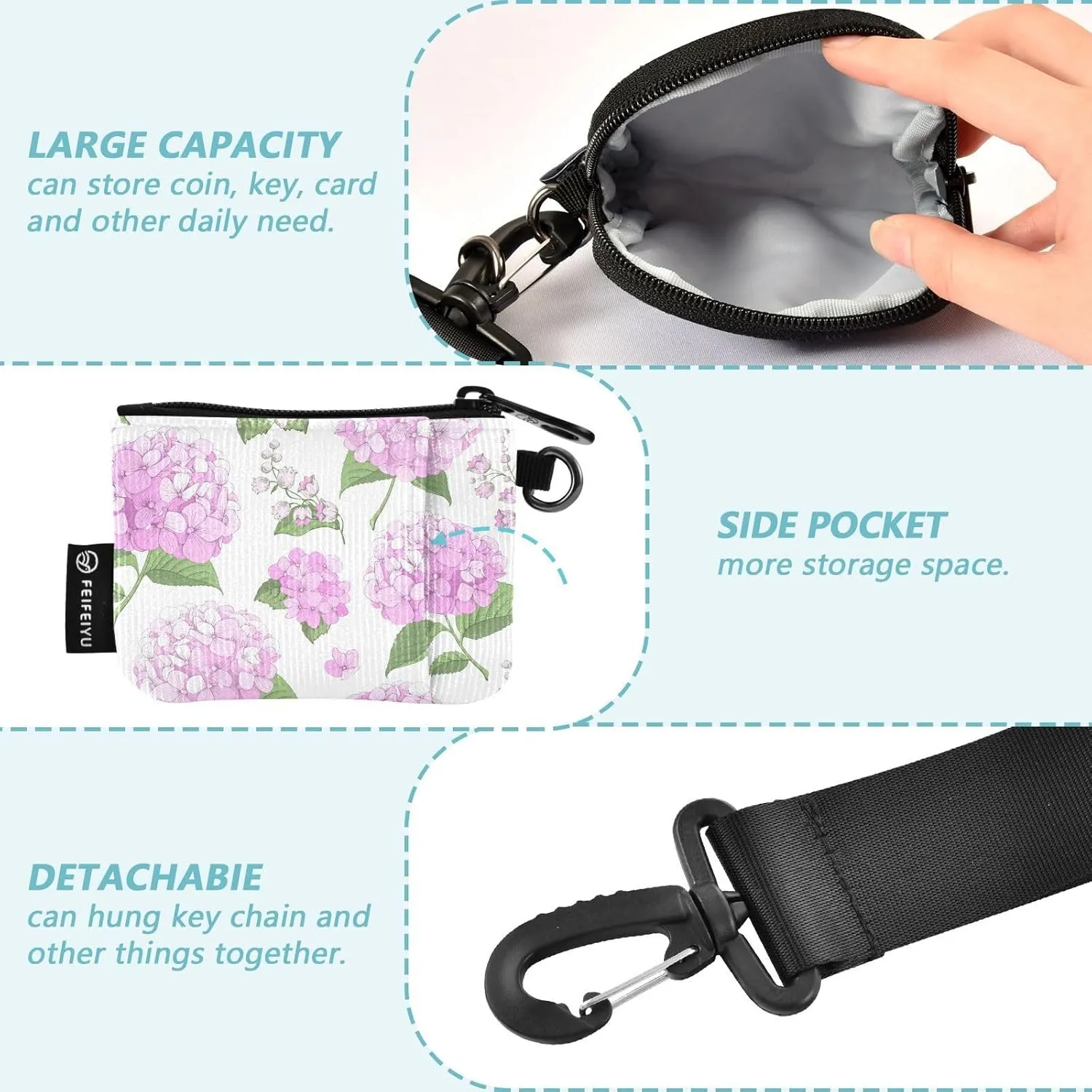 Pink Hydrangea Background Wristlet Wallet for Women, Detachable Dual Pouch Wristlet, Mini Zip Around Wallet Portable Coin Purses