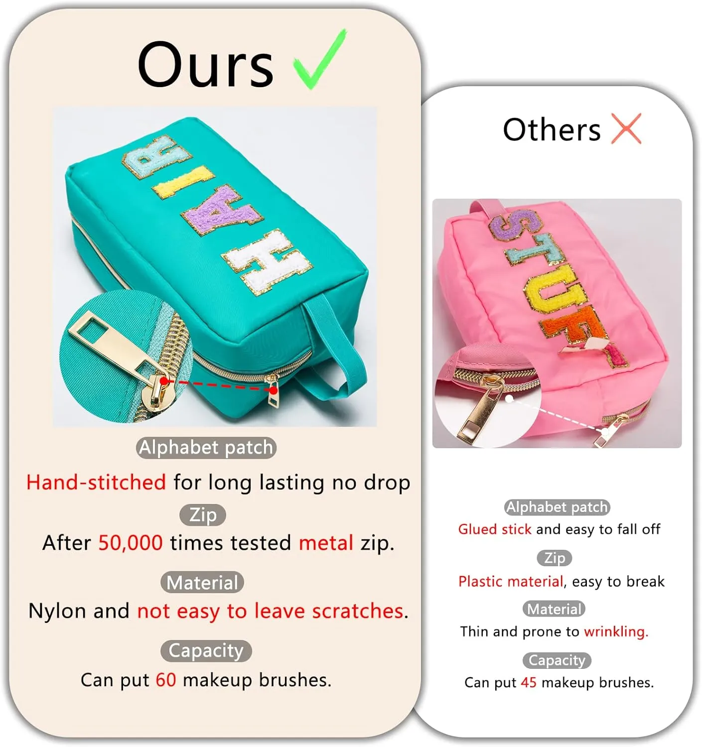 Preppy Makeup Bag for Women Girls, Cosmetic Bag Letter Pouch Purse with Handle, Waterproof Portable Glitter Nylon Travel Toiletry Hair Organizer with Zipper Easter Basket Stuffers, Blue