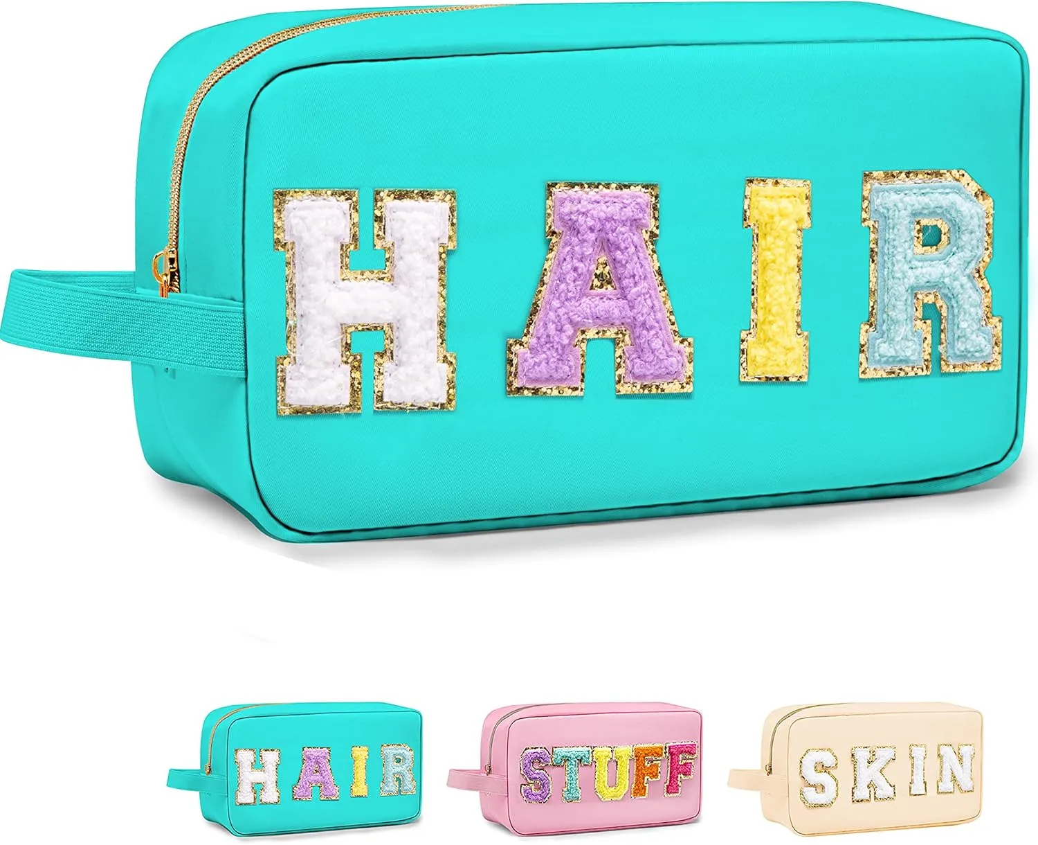 Preppy Makeup Bag for Women Girls, Cosmetic Bag Letter Pouch Purse with Handle, Waterproof Portable Glitter Nylon Travel Toiletry Hair Organizer with Zipper Easter Basket Stuffers, Blue