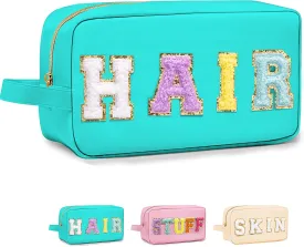 Preppy Makeup Bag for Women Girls, Cosmetic Bag Letter Pouch Purse with Handle, Waterproof Portable Glitter Nylon Travel Toiletry Hair Organizer with Zipper Easter Basket Stuffers, Blue