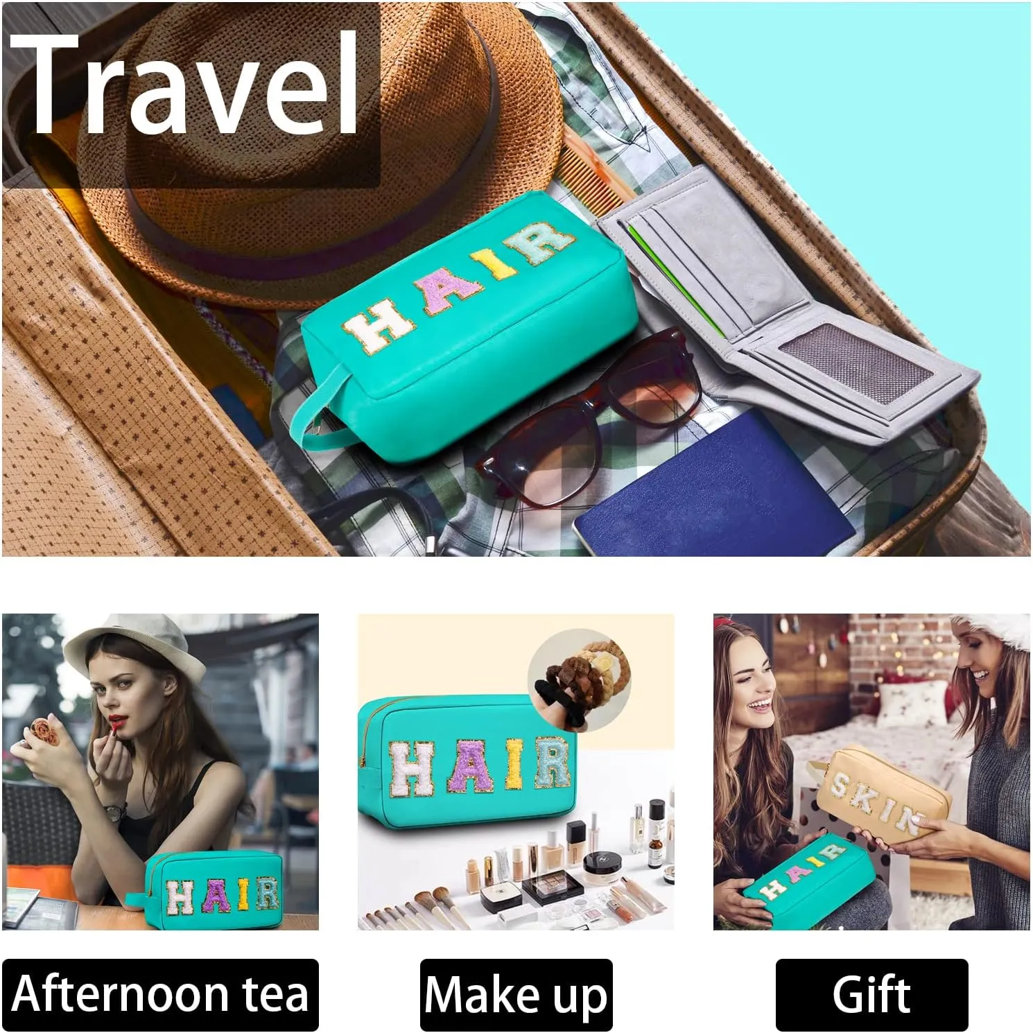 Preppy Makeup Bag for Women Girls, Cosmetic Bag Letter Pouch Purse with Handle, Waterproof Portable Glitter Nylon Travel Toiletry Hair Organizer with Zipper Easter Basket Stuffers, Blue