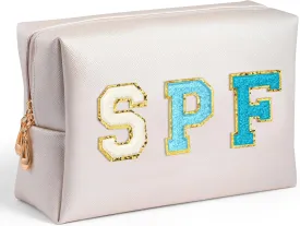 Preppy Patch Cosmetic Bag - Summer Blue SPF Chenille Letter Makeup Bag, PU leather Travel Toiletry Bag Kit Portable Waterproof Make Up Pouch Zipper Clutch, Summer Gifts for Women Girls
