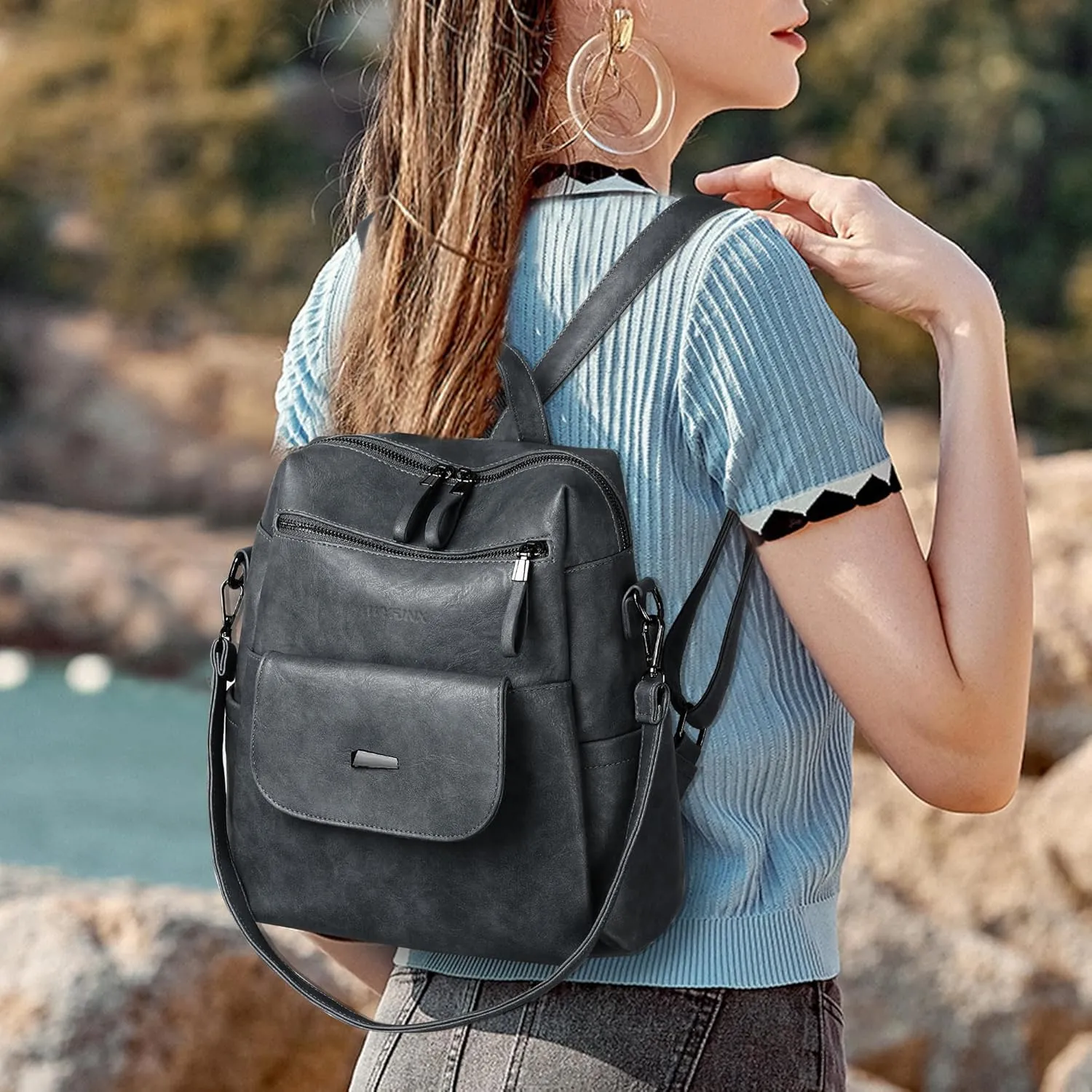 PU Leather Backpack Purse for Women Fashion Multipurpose Design Handbag Ladies Shoulder Bags Travel Backpack Blue Grey