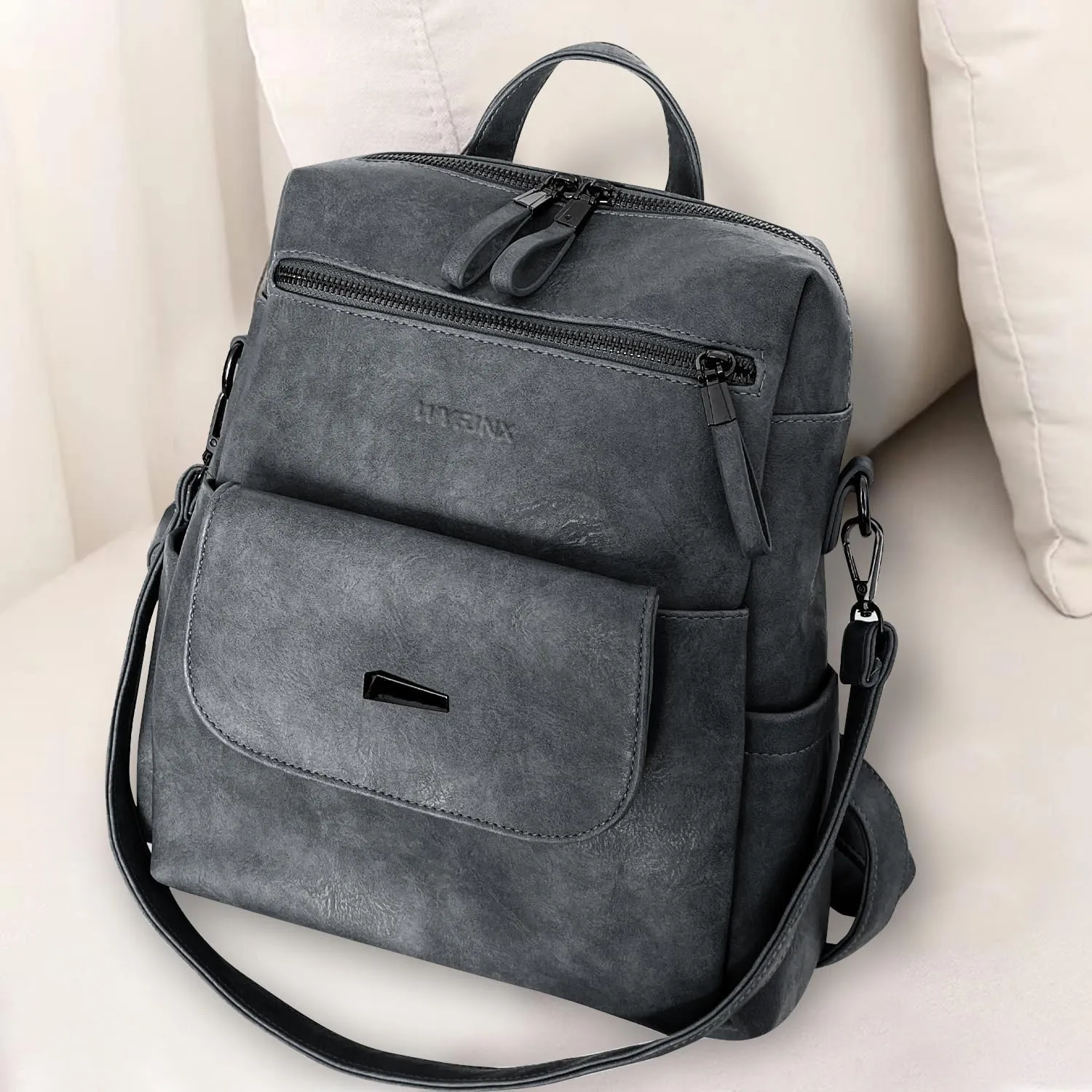 PU Leather Backpack Purse for Women Fashion Multipurpose Design Handbag Ladies Shoulder Bags Travel Backpack Blue Grey