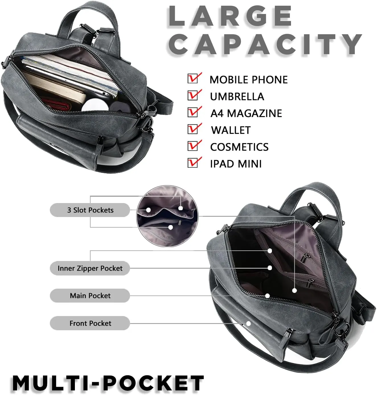PU Leather Backpack Purse for Women Fashion Multipurpose Design Handbag Ladies Shoulder Bags Travel Backpack Blue Grey