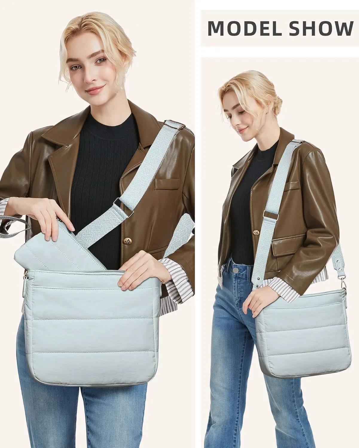 Purses for Women 2PCS Puffer Quilted Crossbody Shoulder Hobo Bags Trendy Ladies Handbag with Coin Wallet 2 Adjustable Straps