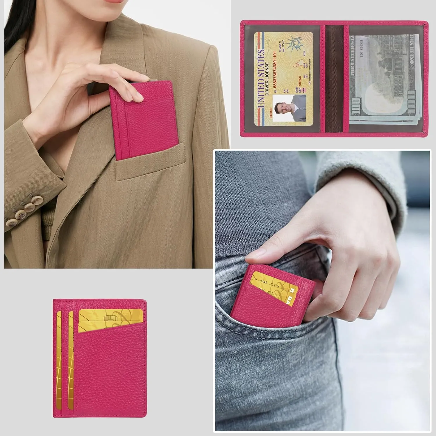 Unaone Slim Minimalist Wallet - Premium Leather RFID Blocking Front Pocket Wallets with 8 Card Slots and 2 ID Window, Rose Red