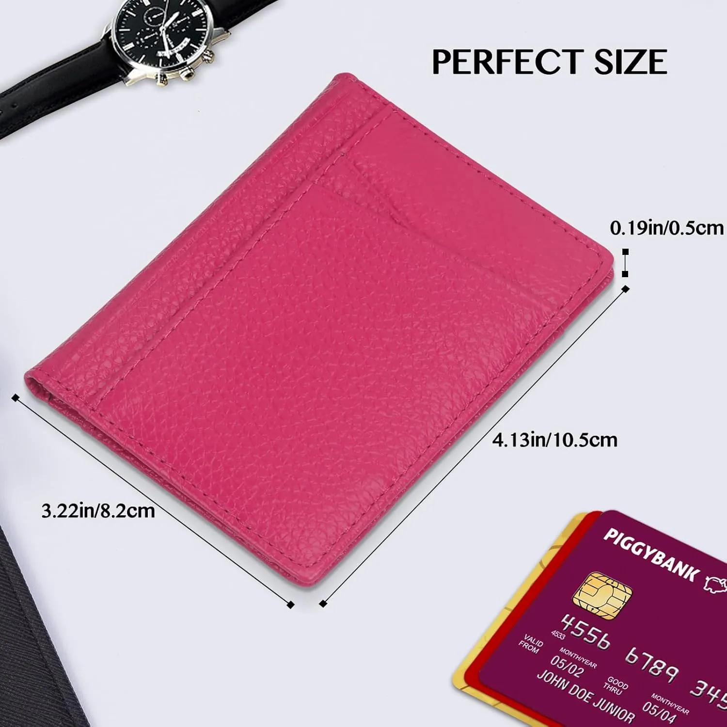 Unaone Slim Minimalist Wallet - Premium Leather RFID Blocking Front Pocket Wallets with 8 Card Slots and 2 ID Window, Rose Red